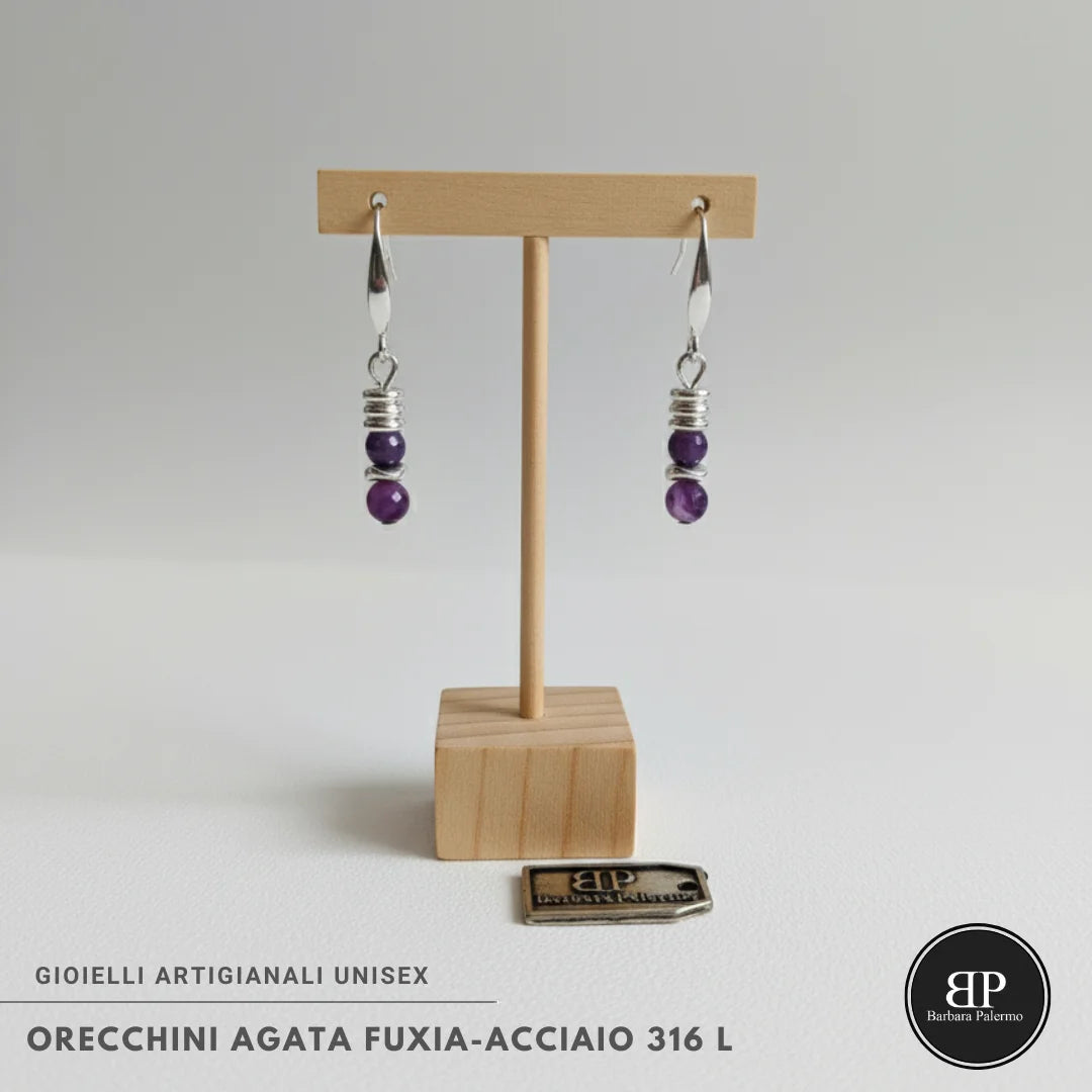 Orecchini Agata Fuxia Sfaccettata e Acciaio 316L