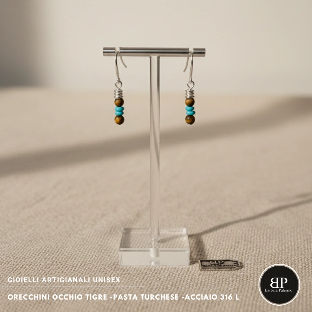 Orecchini Occhio di Tigre e Pasta Turchese – Acciaio 316L