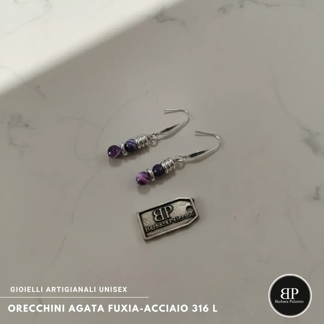 Orecchini Agata Fuxia Sfaccettata e Acciaio 316L