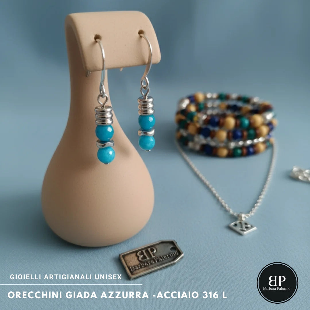 Orecchini Donna in Giada Azzurra Sfaccettata e Acciaio 316L