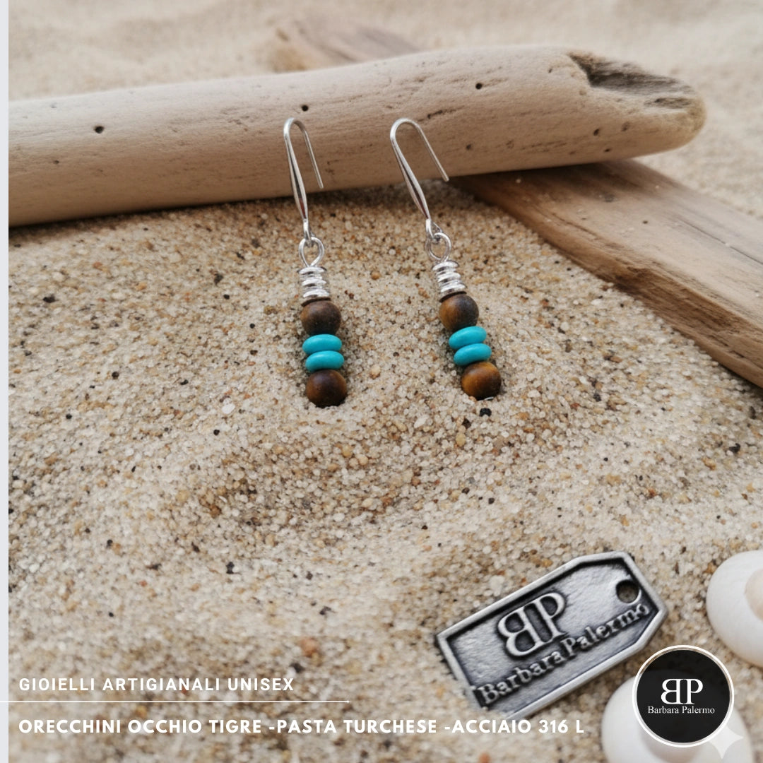 Orecchini Occhio di Tigre e Pasta Turchese – Acciaio 316L