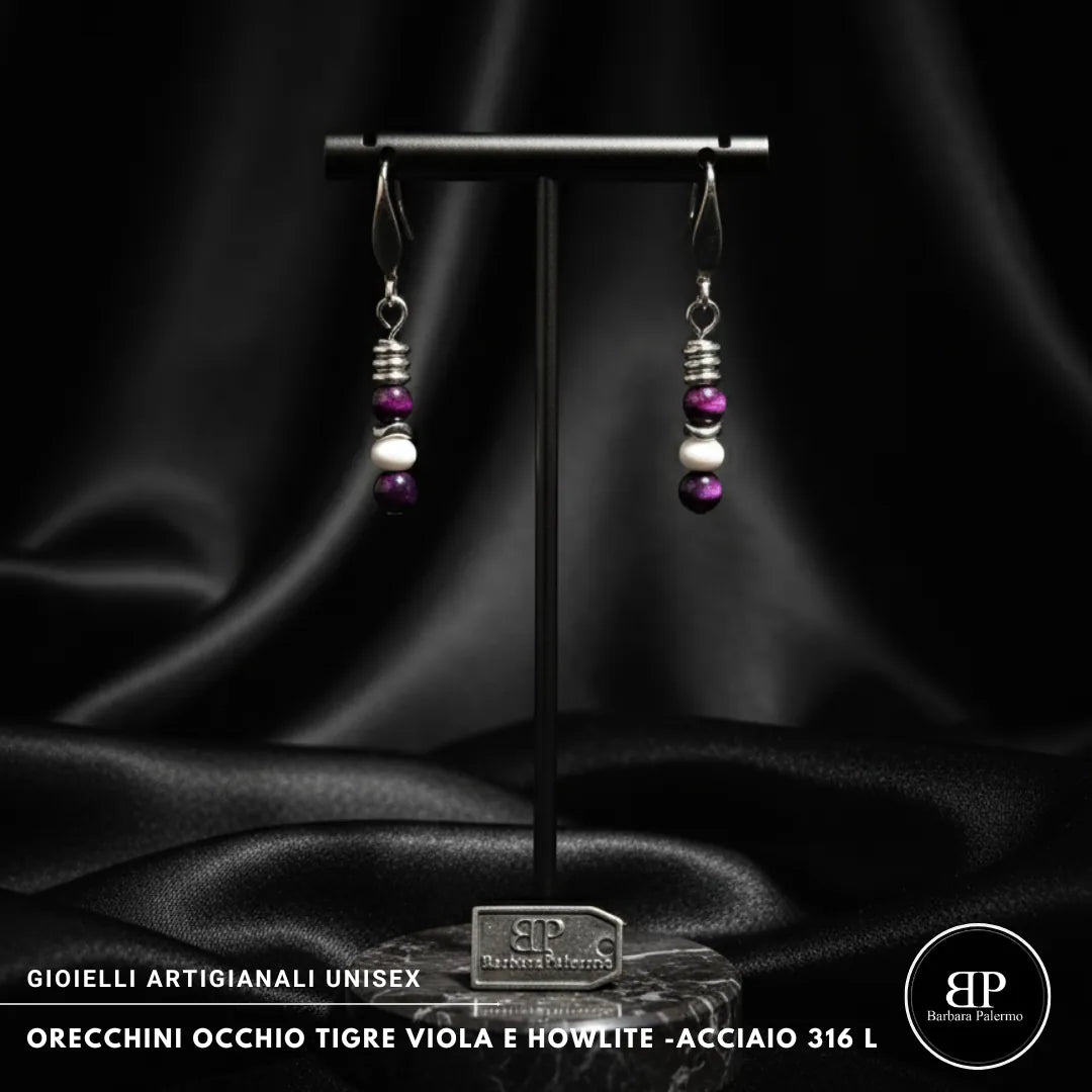 Orecchini Occhio di Tigre Viola & Howlite – Acciaio 316L