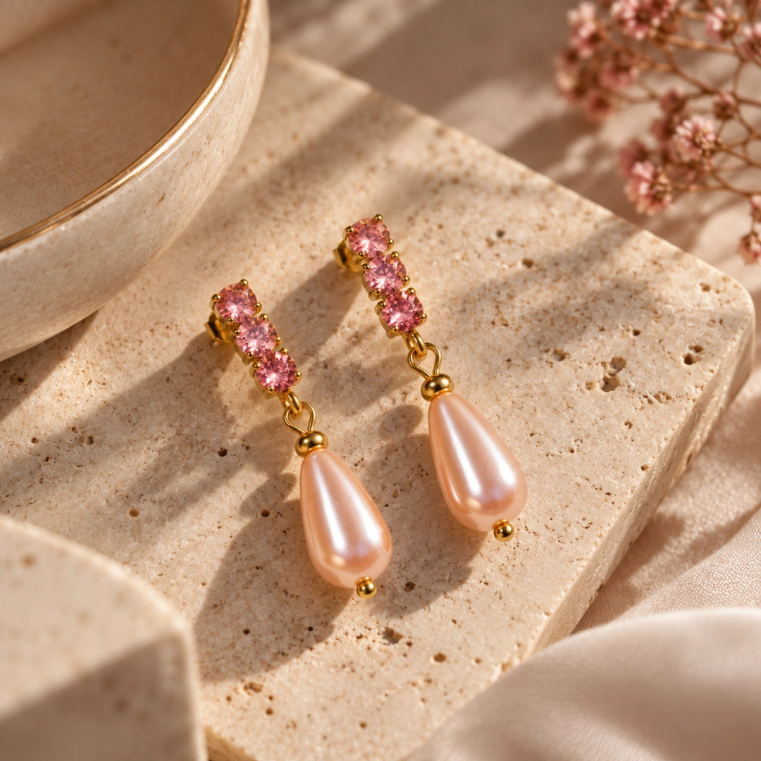 Orecchini NÉA Goccia Pesca Perlata con Zirconia Rosa Oro