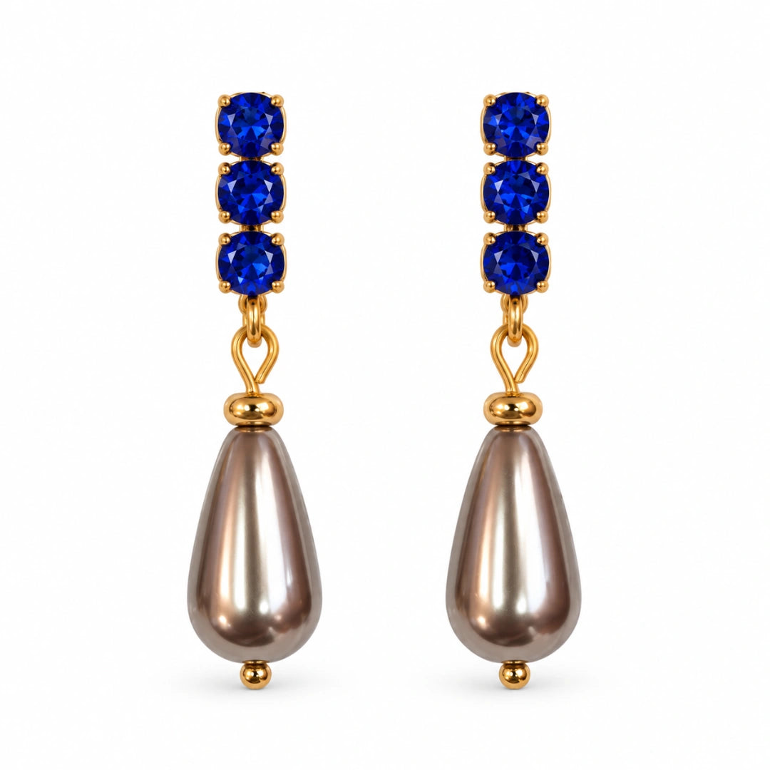 Orecchini NÉA Goccia Bronzo Perlato con Zirconia Blu Zaffiro Oro