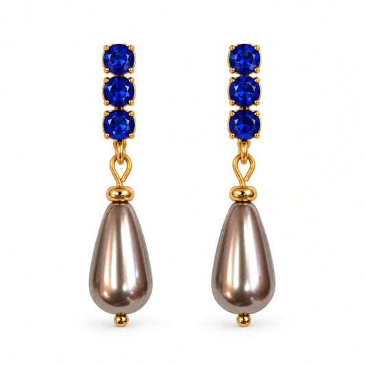 Orecchini NÉA Goccia Bronzo Perlato con Zirconia Blu Zaffiro Oro