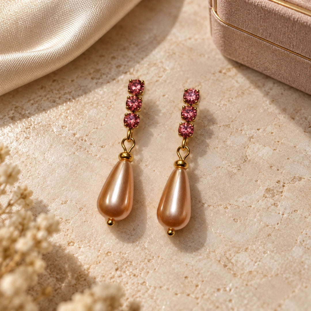 Orecchini NÉA Goccia Pesca Perlata con Zirconia Rosa Oro