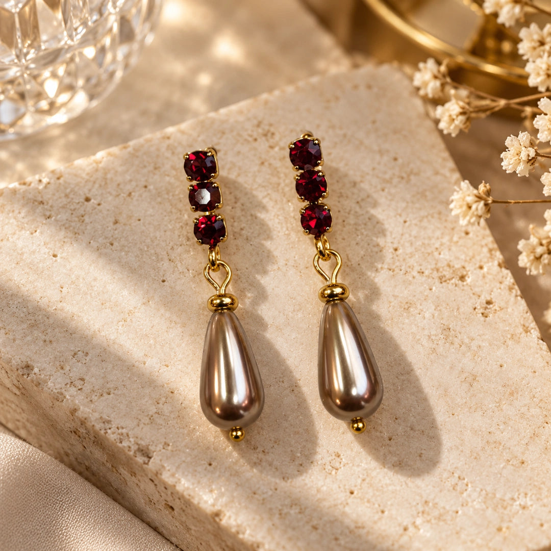 Orecchini NÉA Goccia Bronzo Perlato con Zirconia Rubino Oro