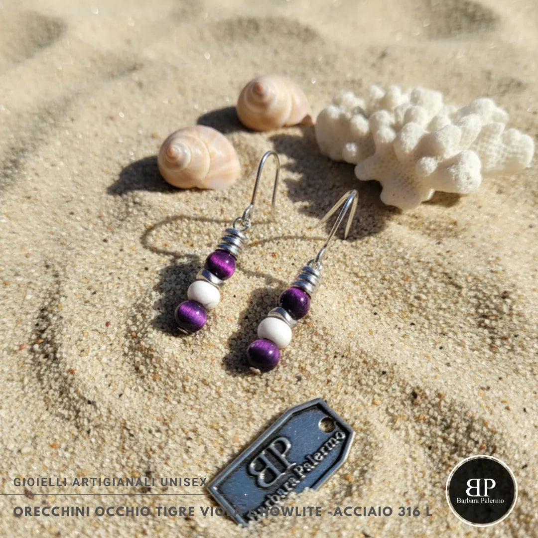 Orecchini Occhio di Tigre Viola & Howlite – Acciaio 316L