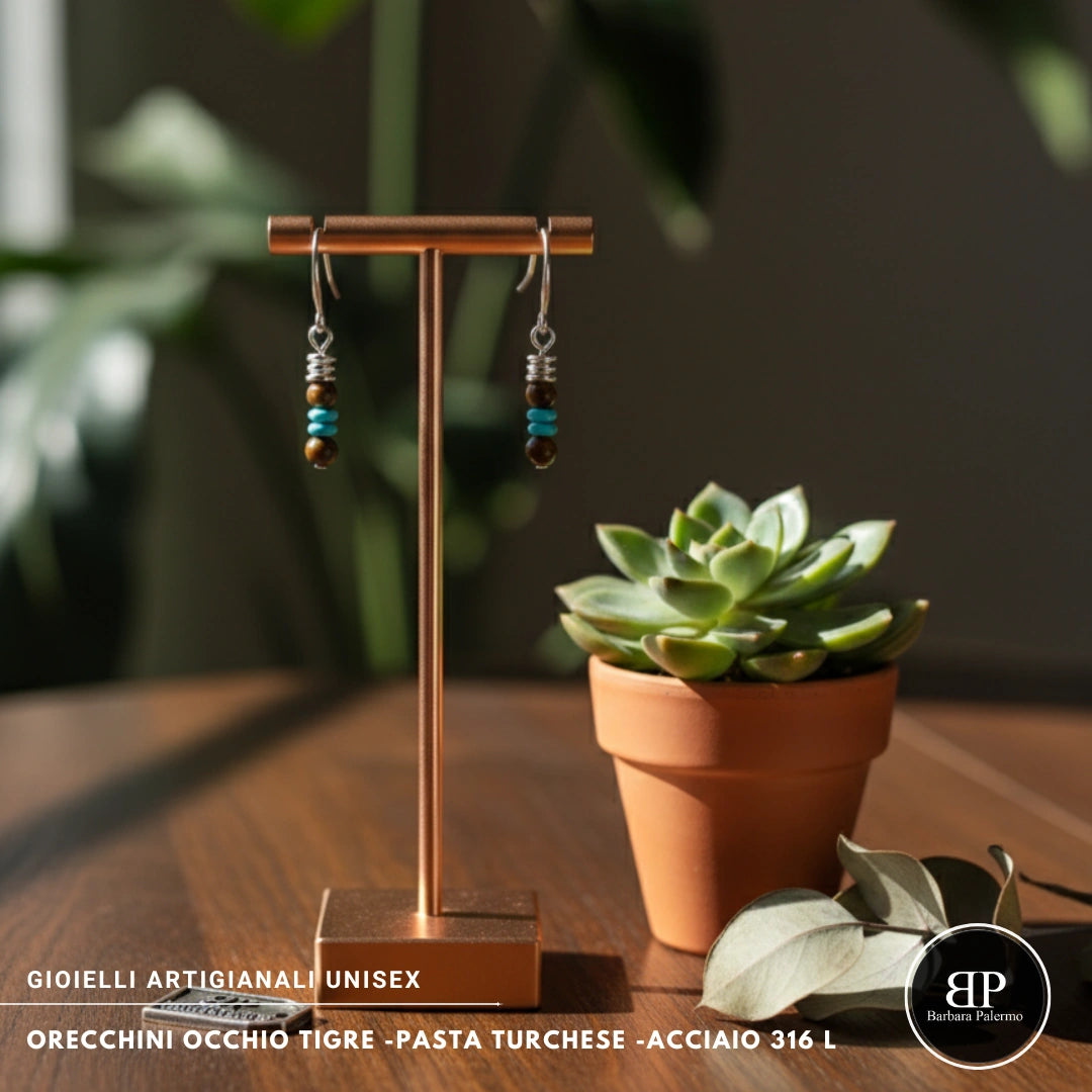 Orecchini Occhio di Tigre e Pasta Turchese – Acciaio 316L