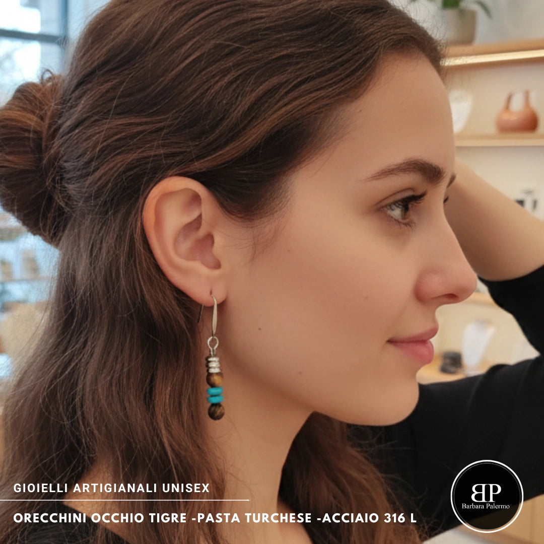 Orecchini Occhio di Tigre e Pasta Turchese – Acciaio 316L