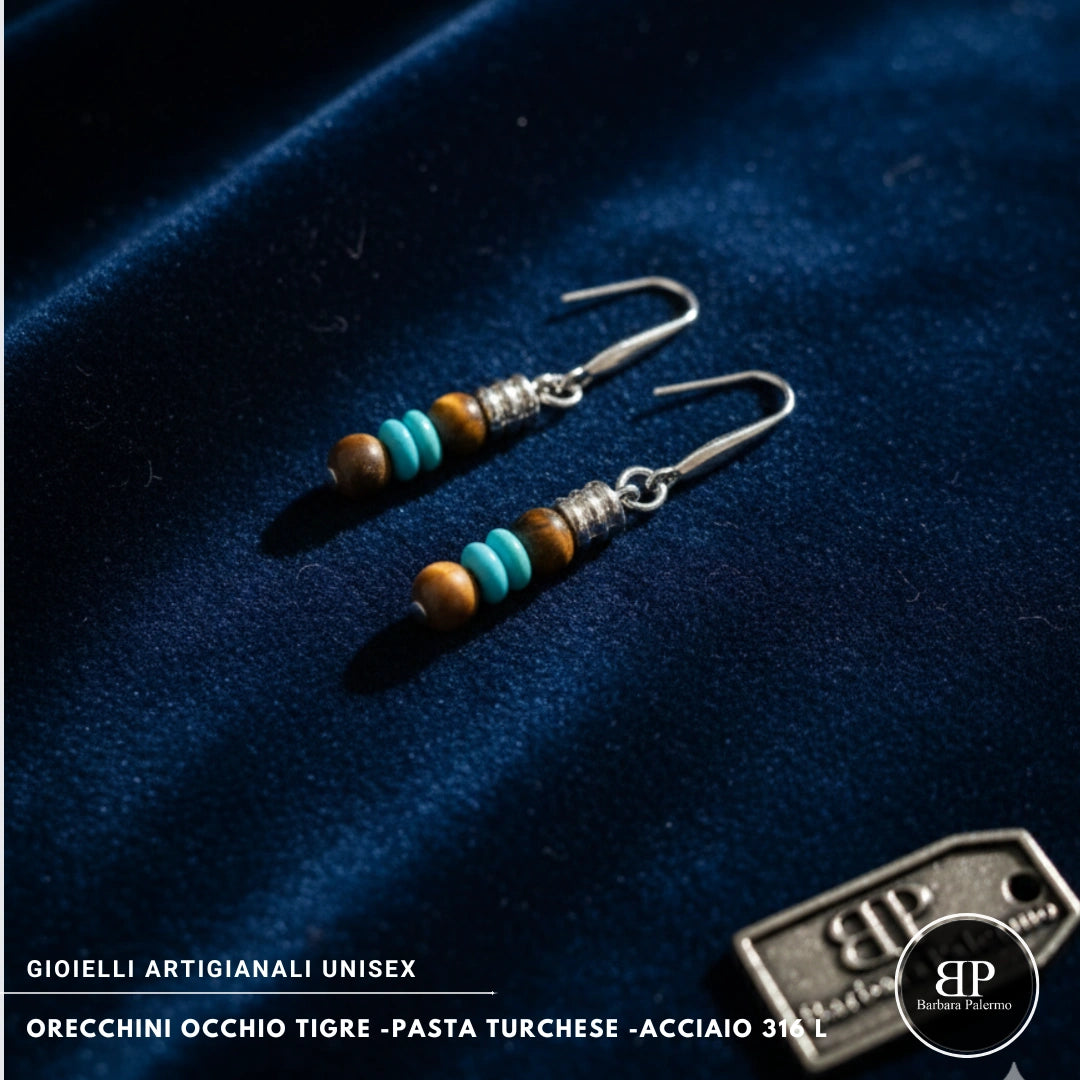 Orecchini Occhio di Tigre e Pasta Turchese – Acciaio 316L