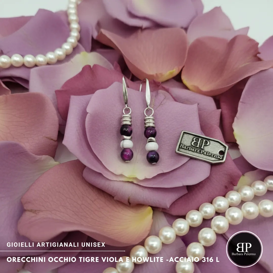 Orecchini Occhio di Tigre Viola & Howlite – Acciaio 316L