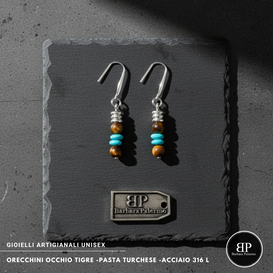 Orecchini Occhio di Tigre e Pasta Turchese – Acciaio 316L