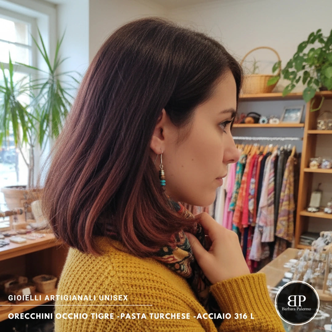Orecchini Occhio di Tigre e Pasta Turchese – Acciaio 316L