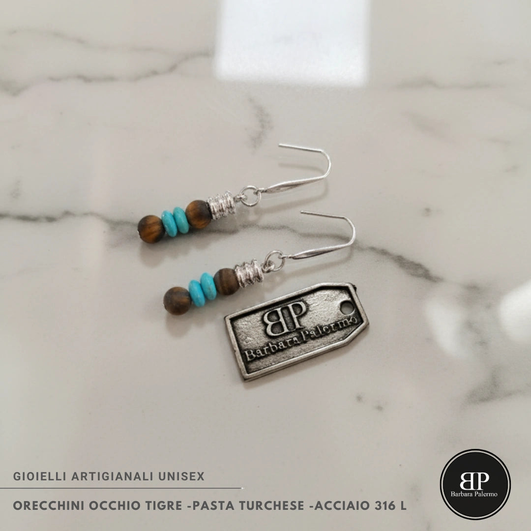 Orecchini Occhio di Tigre e Pasta Turchese – Acciaio 316L