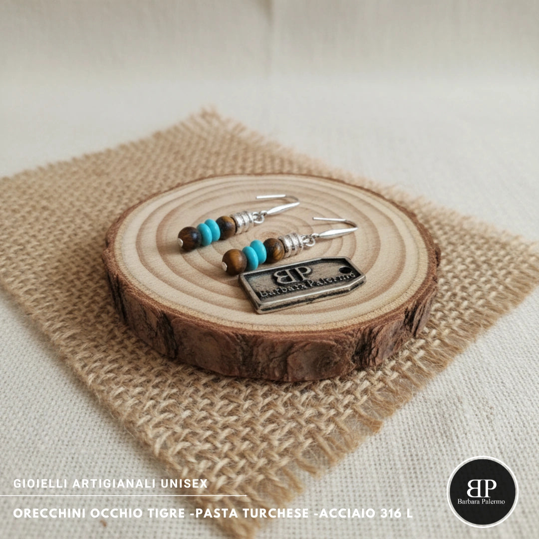 Orecchini Occhio di Tigre e Pasta Turchese – Acciaio 316L