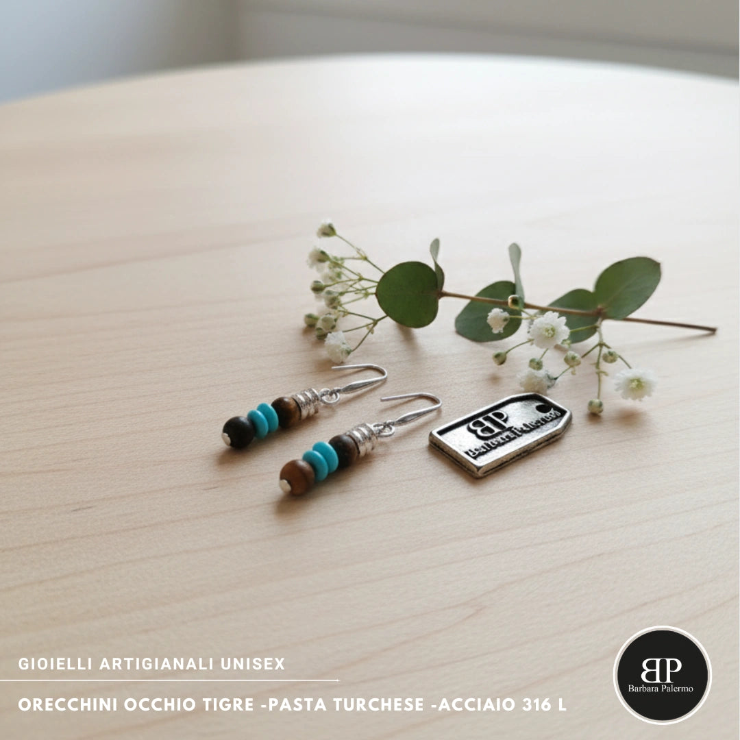 Orecchini Occhio di Tigre e Pasta Turchese – Acciaio 316L