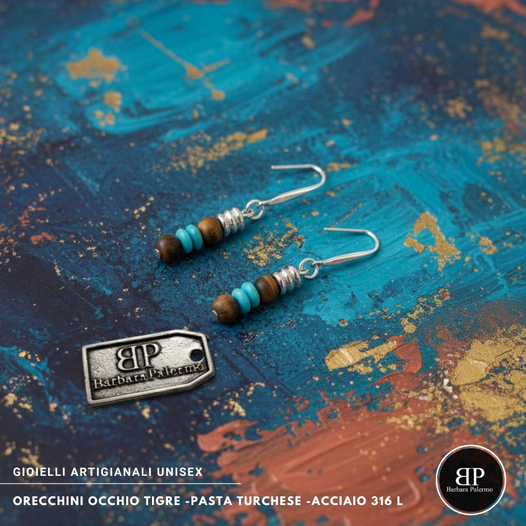 Orecchini Occhio di Tigre e Pasta Turchese – Acciaio 316L