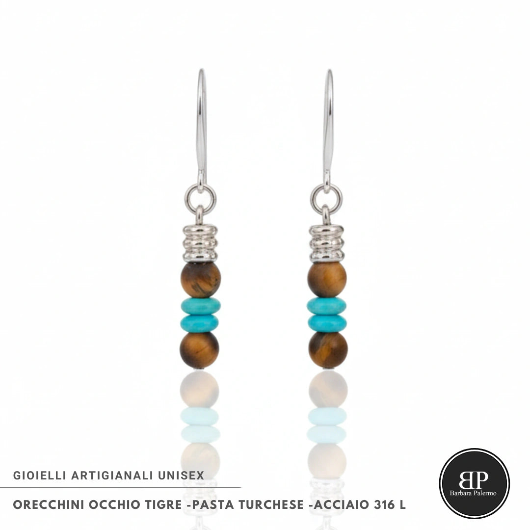Orecchini Occhio di Tigre e Pasta Turchese – Acciaio 316L