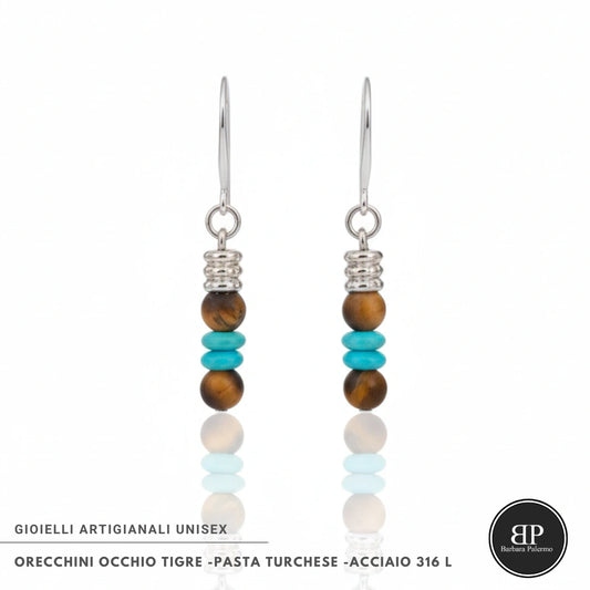 Orecchini Occhio di Tigre e Pasta Turchese – Acciaio 316L