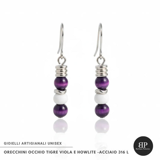 Orecchini Occhio di Tigre Viola & Howlite – Acciaio 316L