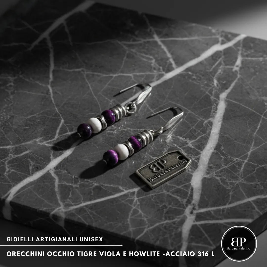 Orecchini Occhio di Tigre Viola & Howlite – Acciaio 316L