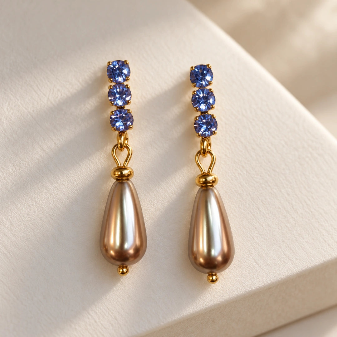 Orecchini NÉA Goccia Bronzo Perlato con Zirconia Blu Lavanda Oro