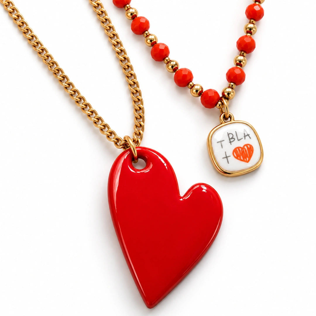 Collana Favola Doppia Cuore Rosso con Cristalli Rossi Oro