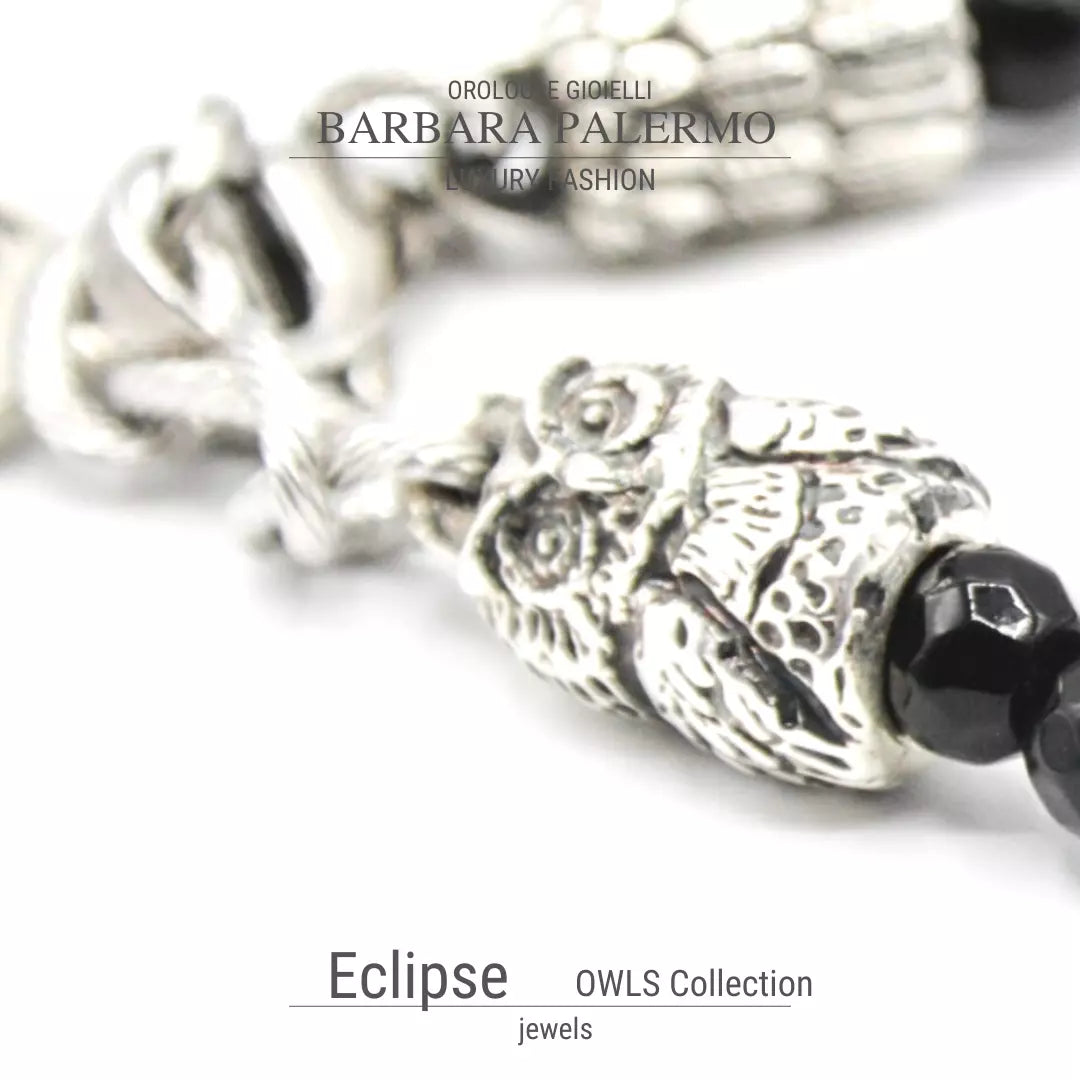 Eclipse-Armband – facettierter schwarzer Onyx und silberne Eule