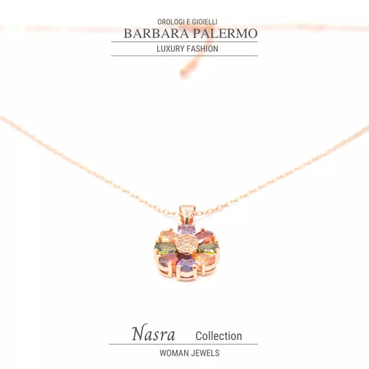 Nasra: Halskette mit farbigen Zirkonen und Herz aus weißen Zirkonen, plattiert mit Roségold