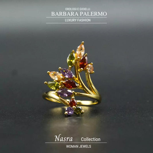 Nasra: anello con Zirconi colorati placcato in oro