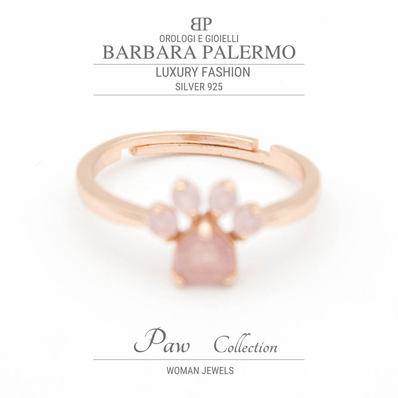 Paw: anello in argento 925 con pietre in Quarzo Rosa placcato oro rosa 18k