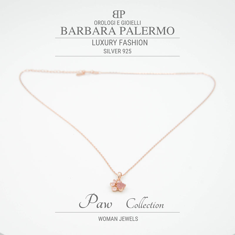 Paw: collana in argento 925 con pietre in Quarzo Rosa placcata in oro rosa 18k