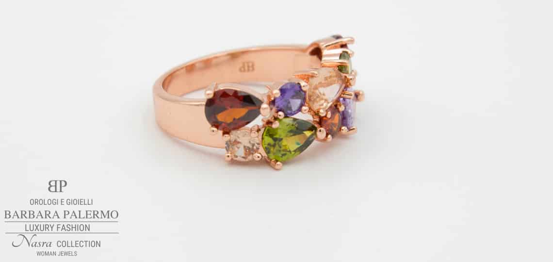 Nasra: anello con Zirconi colorati placcato in oro rosa