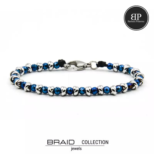 Glänzendes blaues nautisches Armband aus geflochtenem Stahl und Hämatit