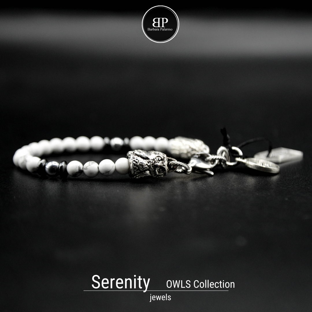Serenity – Armband aus Howlith und Hämatit mit Eule