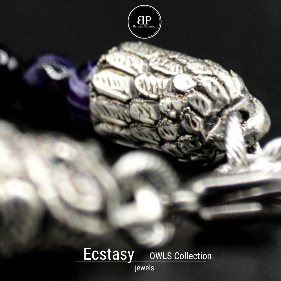 Ecstasy-Armband – facettierter violetter Achat und silberne Eule