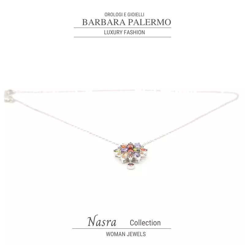 Nasra: Halskette mit farbigen Zirkonen, plattiert mit 18 Karat Weißgold